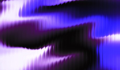 Abstract background of glowing purple waves in the dark with stripes effect. Refraction of wavy striped glass.