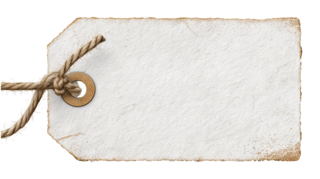 Rustic white paper tag label mockup — blank textured craft label with string hole, isolated high-resolution PNG cutout on transparent background for branding, pricing, gift tags, packaging