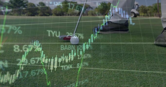 Golfer foot shifting and putter tapping golf ball on green visualizing animated finance data trends