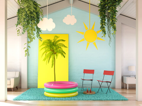 Symbolic summer vacation scene with pool and palm tree at home interior