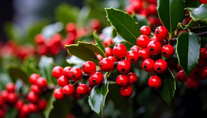 Obraz premium Lush branch laden with vibrant red berries and glossy green leaves
