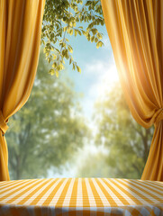 Open Window View with Yellow Curtains and Table
