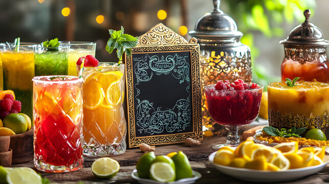 &bull; Iftar drink station with fresh lemonade, Rooh Afza, and traditional sharbat, featuring Ramadan Mubarak in Urdu on a decorative chalkboard isolated on white background in HD 