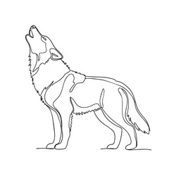 A minimalist oneline drawing of a wild wolf standing and howling created with a single continuous stroke.