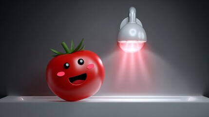 Happy tomato under colorful light indoor setting 3d animation fun and whimsical concept