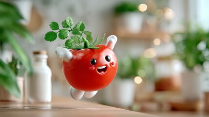 Playful tomato character jumping with herbs in a bright kitchen setting whimsical food content cheerful atmosphere
