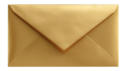 Open gold envelope with glossy finish and triangular flap — high-resolution transparent-background PNG cutout for stationery mockups, invitations, greeting cards, wedding sets, festive announcements