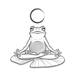 A serene frog meditating in a lotus yoga pose on a lily pad with an Enso circle above.