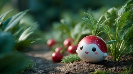Cute toy radish character playing in a vegetable garden nature scene whimsical environment close-up view