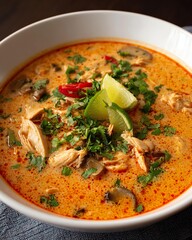 Authentic Thai Chicken Soup with Spicy Creamy Broth Fresh Herbs Lime and Aromatic Seasonings in a Delicious Hearty Bowl for Gourmet and Traditional Cuisine Lovers