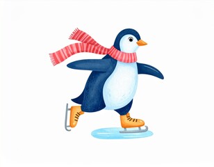 Obraz premium Animated Penguin Ice Skating with Red Striped Scarf on White Background Illustration