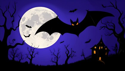 Halloween Night Scene with Bats and Haunted House