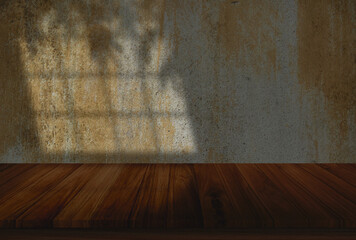 Sunlight Effect ;Minimalist abstract simple gentle light beige background for product presentation with light and beautiful shadow from window curtain on old concrete wall and floor wood in room empty