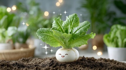 Whimsical happy radish growing in soil indoor garden close-up natural environment cheerful concept