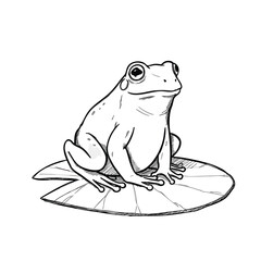 Handdrawn illustration of a calm frog resting on a floating lily pad.