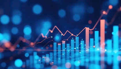 Financial Growth Indicators Illustrated with Dynamic Charts and Glowing Elements on a Deep Blue Backdrop