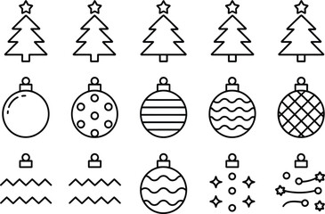 Christmas tree ornaments vector set for holiday decoration and design elements in outline style art