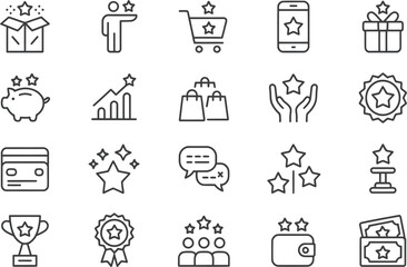Vector icons set of loyalty program, customer reward, bonus and gift, loyalty card and benefit program