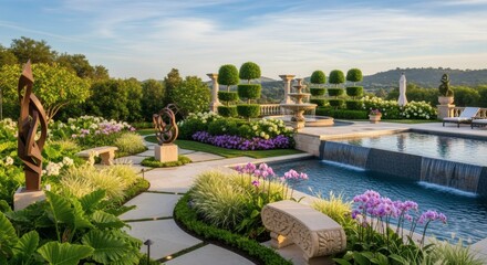 A luxury landscape design image is shown with a pool, fountains, and artistic greenery. Art concept