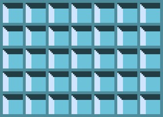 A seamless 8-bit pixel art background featuring a geometric pattern of blocks with a three-dimensional effect. The vibrant blue and black color scheme is ideal for a retro tech or pop art design.