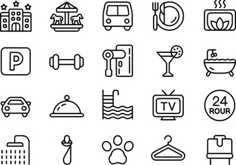 Hotel amenities and services icons set vector illustration for travel and tourism industry use
