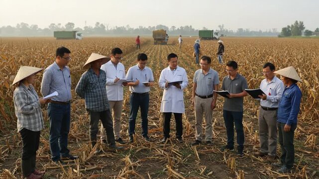 Experts Conduct Research in Rice Field Amidst Harvesting Operations: An In-depth Examination of Agricultural Practices and Crop Quality Management