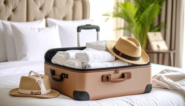 Traveler&rsquo;s Open Suitcase and Luggage on a Luxury Hotel Bed Surrounded by Clothes and Accessories in an Elegant Room for Tourism, Holiday, and Journey Themes