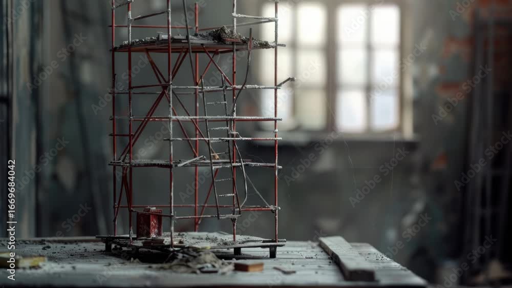 Poster a small-scale model of a building with scaffolding, great for architectural or construction-related 