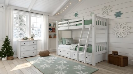 White minimalist minimalist child bedroom with snowflake window decals and bunk bed and ladder for US homes