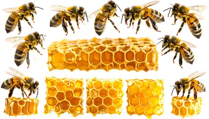 Honeycomb segments and industrious bees against a pristine white background, showcasing the intricate structure of the honeycomb and the busy bees.