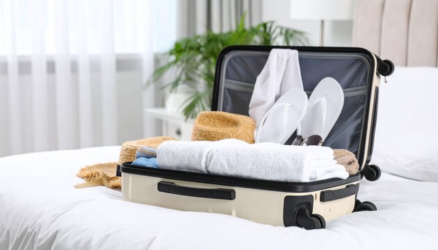 Traveler Packing Luggage in a Luxury Hotel Room with Suitcase, Clothes, and Travel Accessories on a Comfortable Bed for Holiday, Journey, or Business Trip Promotion
