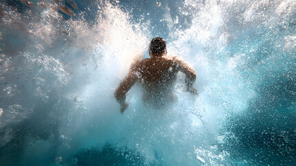 A male swimmer splashes into the pool, creating vibrant water droplets and a dynamic scene of motion and energy.