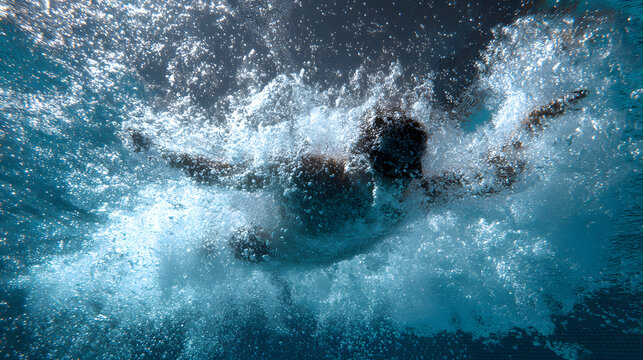 Dynamic underwater splash captured a male swimmer diving with exuberance, showcasing motion in the blue depths.