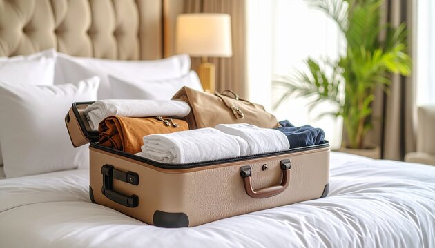 Open Suitcase with Traveler&rsquo;s Luggage, Clothes, and Accessories on a Luxury Hotel Bed in an Elegant Room Perfect for Travel, Vacation, and Tourism Concepts