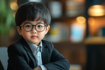 Generative AI portrait of a young boy in a formal business suit with glasses and a professional expression