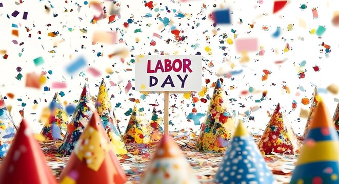 Colorful celebration with confetti and party hats for labor day, symbolizing a festive holiday and national observance with a sense of joy and togetherness