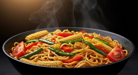 Fototapeta premium Delicious and Steaming Asian Noodles with Fresh Vegetables.
