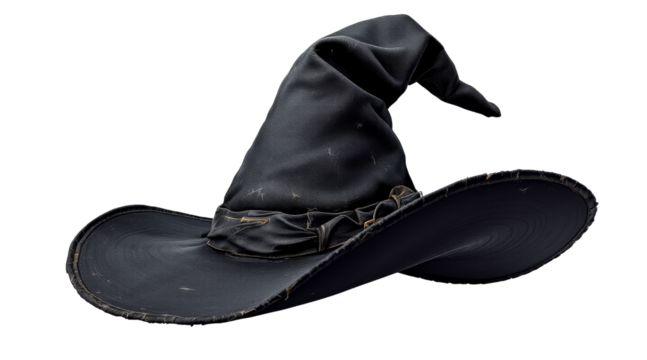 Black Witch Hat, Aged Leather Texture, Pointed Crown, Wide Brim, Isolated on white background