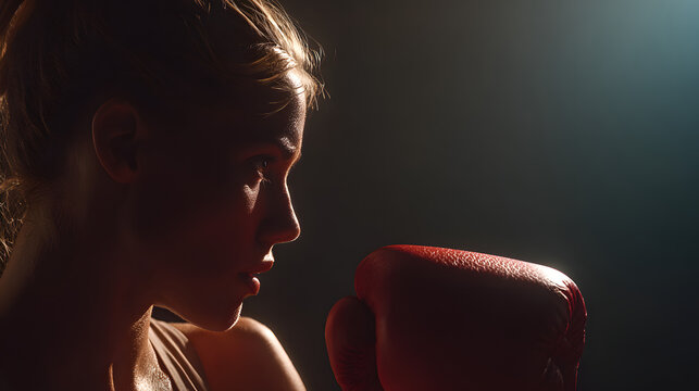 A focused female boxer in profile, wearing red boxing gloves, illuminated by dramatic lighting.