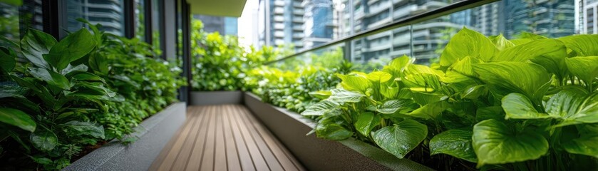 Lush balcony garden perfect relaxing place concept. Lush indoor garden on a balcony with vibrant green foliage.