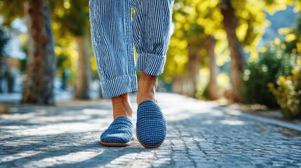 Peripheral neuropathy pain in elderly foot concept. Person walking in comfortable slippers on a sunny pathway.