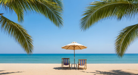 Tropical beach paradise with palm trees and turquoise sea invites relaxation