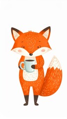 Obraz premium Cartoon Orange Fox Standing and Holding a Blue Cup Isolated on White Background