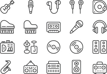 Music instruments and audio equipment vector icons set for music production and audio engineering needs