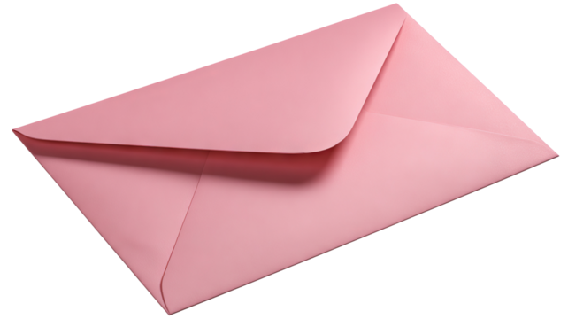 Pretty pink envelope lying on flat surface — high-resolution transparent-background PNG cutout, isolated for stationery mockups, invitations and greeting cards, branding and packaging, e-commerce