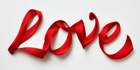 Elegant red ribbon spelling love with artistic vibrant design perfect for romantic gifts celebration decorations wedding themes and heartfelt occasions