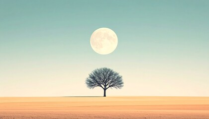 Solitary Tree Under a Full Moon in a Minimalist Landscape Underneath Teal Sky