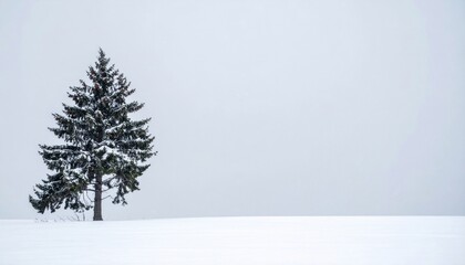 Fototapeta premium Solitary Evergreen Tree Standing in Snow Covered Field on Overcast Day