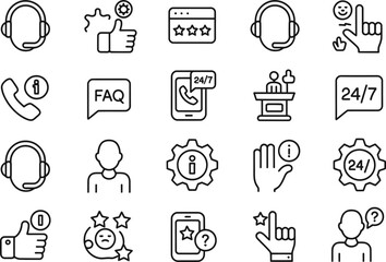 Customer service support vector icon set help center assistance faq and contact us line icons collection