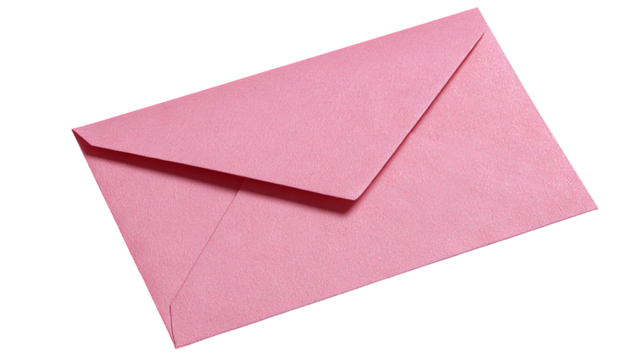 Pretty pink envelope lying on flat surface — high-resolution transparent-background PNG cutout, isolated for stationery mockups, invitations and greeting cards, branding and packaging, e-commerce